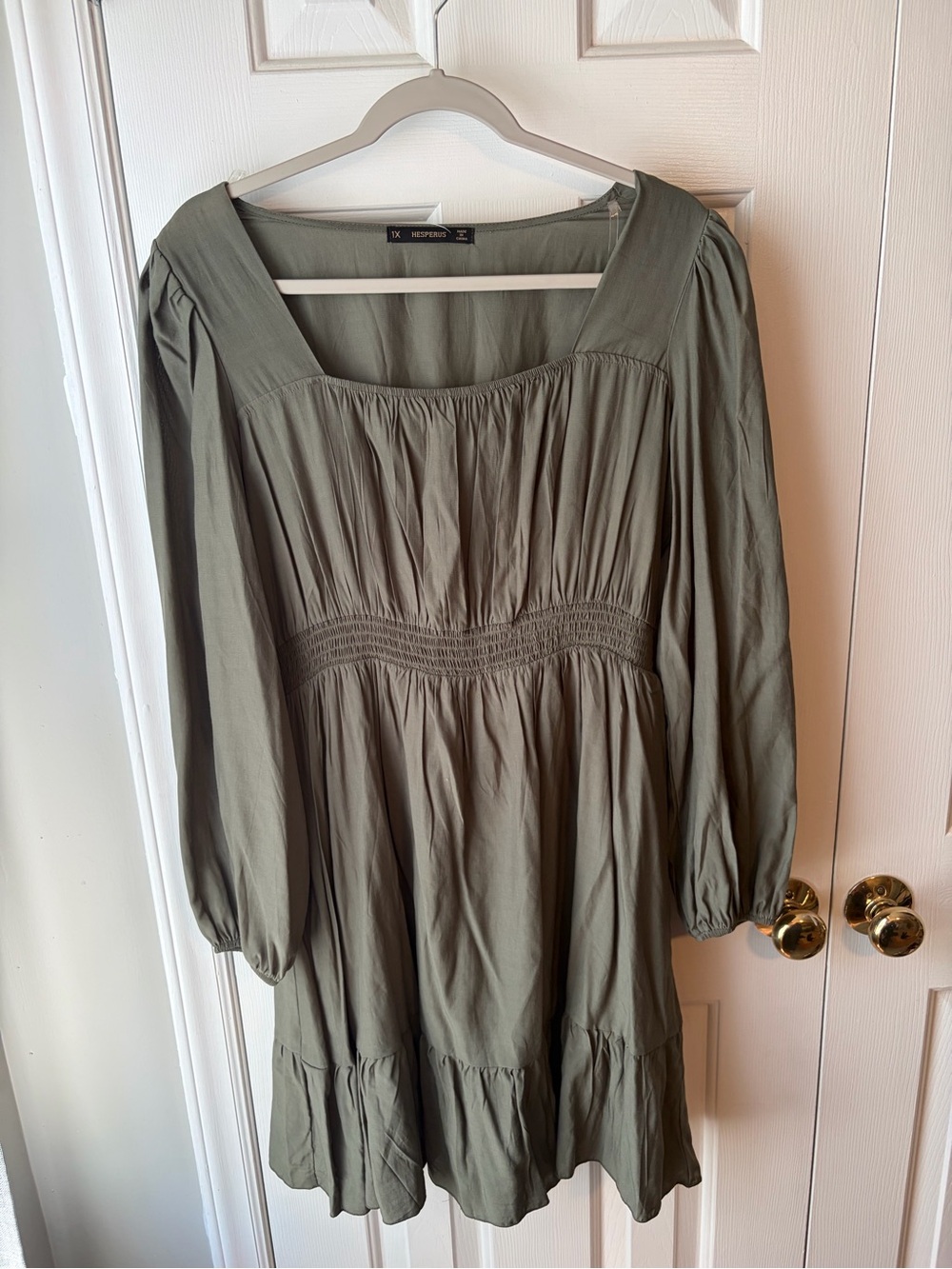 Olive Green Smocked Waist Long Sleeve Dress